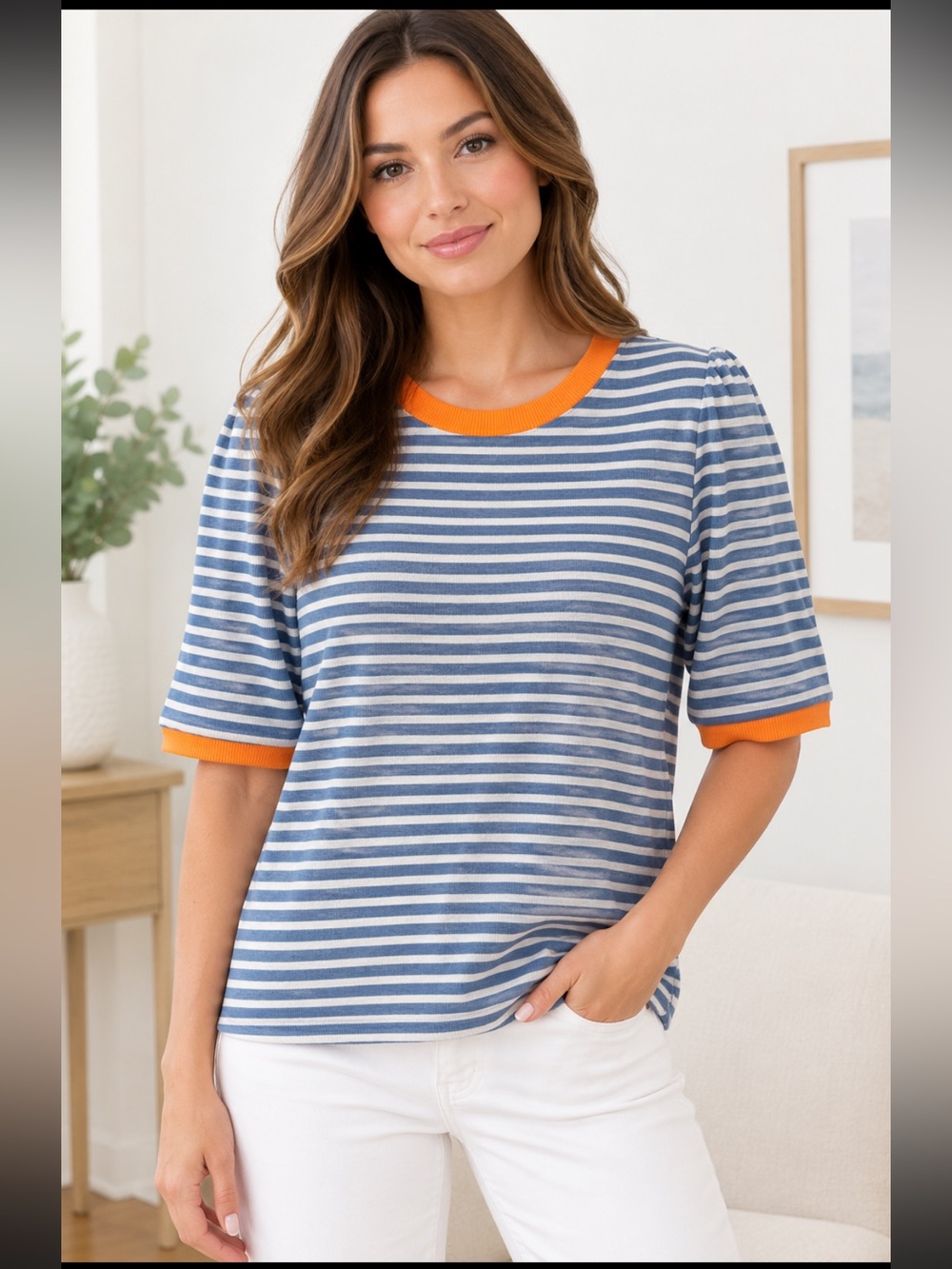 Rebecca Minkoff Striped Puff-Sleeve Tee with Orange Trim - Blue & White XXL
